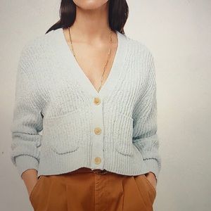 Cropped patch-pocket beach cardigan sweater.